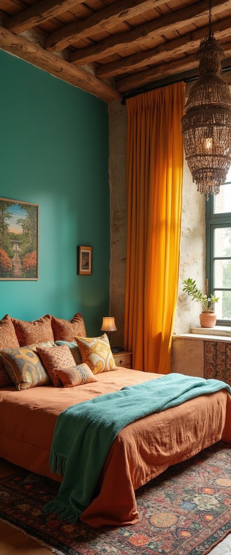 A bohemian bedroom with a teal wall, mustard curtains, and earthy decor, offering a cozy and eclectic ambiance. - bohemian bedroom, teal accent wall, mustard curtains, rustic charm, woven chandelier, earth tones, textured cushions, eclectic decor Teal Accent Wall, Mustard Curtains, Cozy Bohemian Bedroom, Mustard Accents, Woven Chandelier, Textured Cushions, Teal And Mustard, Teal Accent Walls, Bohemian Bedroom Design