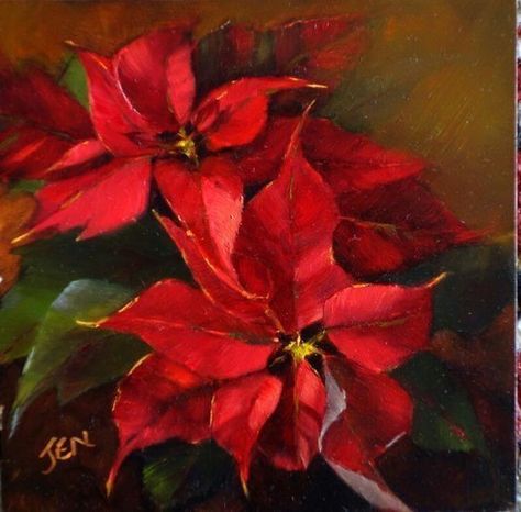 Poinsettia Painting, Christmas Painting Ideas, Poinsettia Plant, Winter Christmas Scenes, Arte Folk, Christmas Artwork, Holiday Painting, Christmas Painting, Floral Oil Paintings