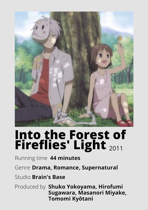 Into the Forest of Fireflies ' Light Anime Minimalist poster 😊 Information taken from myanimelist.net and wikipedia.org The Light Of The Firefly Forest, Forest Of Fireflies Anime, Hotarubi No Mori E Poster, Into The Forest Of Fireflies Light, Into The Forest Of Fireflies, Fireflies In The Forest, Fireflies Anime, Anime Forest, Firefly Forest