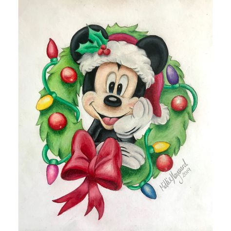 Christmas Coloured Pencil Drawings, Colored Pencil Drawing Christmas, Color Pencil Christmas Drawings, Christmas Drawing Colored Pencil, Disney Christmas Paintings, Christmas Character Drawings, Christmas Drawings Realistic, Christmas Disney Drawings, Mickey Mouse Art Draw