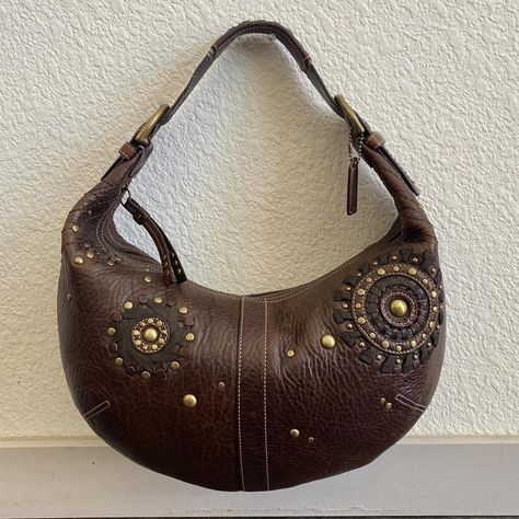 AUTHENTIC COACH BROWN AND GOLD STUD SLING LEATHER... - Depop Brown Coach Purse, Studded Purse, Coach Tote Bags, Nine Inch, Vintage Coach Bags, Chocolate Leather, Hobo Shoulder Bag, Brown Handbag, Black Leather Crossbody Bag