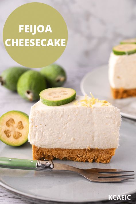 This no bake feijoa cheesecake is fresh, creamy, tangy and absolutely delicious! Its so good you'll be making it on repeat all feijoa season. Fejoa Recipes, Unbaked Cheesecake, Caramel Cheesecake Recipes, Guava Recipes, Kiwi Recipes, Individual Cheesecakes, Patisserie Cake, Salted Caramel Cheesecake, Healthy Cheesecake