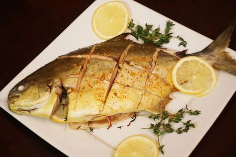 Whole baked pompano Pampano Recipe Baked, Pampano Recipe, Pompano Fish Recipe, Pompano Recipe, Pompano Fish, Whole Fish Recipes, Seafood Dip, Baked Fish Recipes, Baked Fish