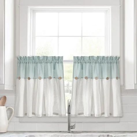 Linen Button Kitchen Window Tiers Set Blue | Antique Farmhouse Charming Kitchen, Tier Curtains, Kitchen Window Treatments, Lush Decor, Kitchen Curtain, Grey Panels, Rod Pocket Curtain Panels, Farmhouse Style Kitchen, Kitchen Window