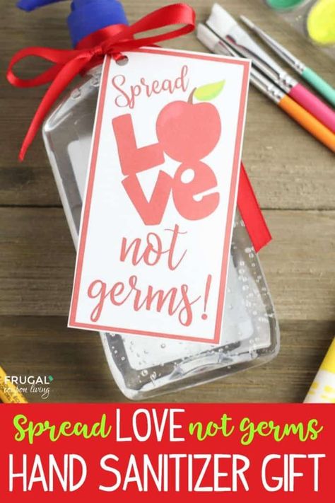 Spread Love, Not Germs. This funny Hand Sanitizer Teacher Gift has an adorable punny quote for a teacher on the first day of school, Valentine's Day or to show teacher appreciation throughout the year. #FrugalCouponLiving #backtoschool #punny #pun #Backtoschoolideas #teachergiftideas #giftideas #backtoschoolgifts #firstdayofschool #teacherappreciationgiftideas #teacherapprecation #freeprintable #printables #gifttags Free Teacher Appreciation Printables, Spread Love Not Germs, Hand Sanitizer Gift, Teacher Appreciation Printables, Teacher Gift Tags, Appreciation Printable, Teachers Diy, Target Gift Cards, Starbucks Gift Card