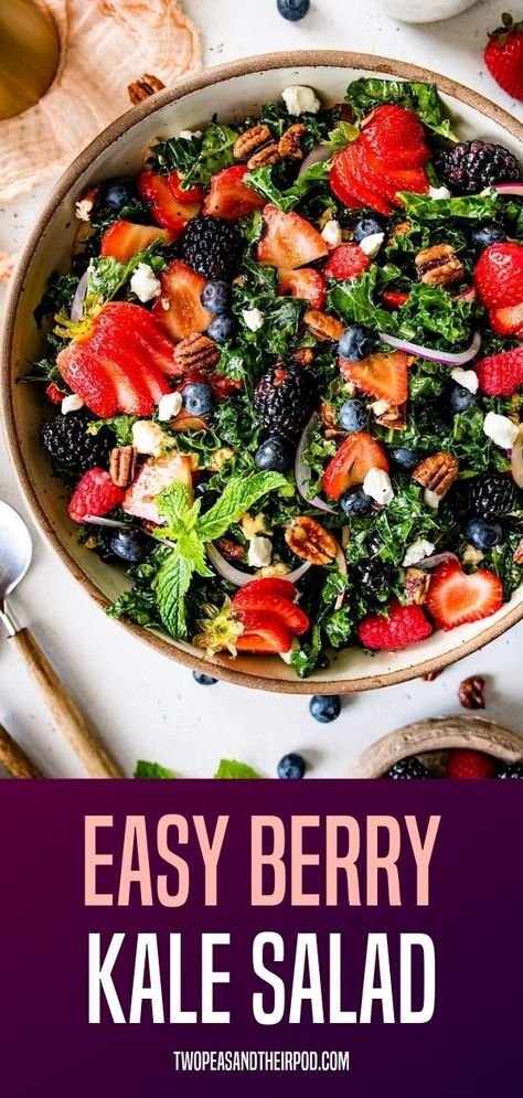 Berry Kale Salad- kale salad with strawberries, blueberries, blackberries, raspberries, goat cheese, candied pecans, and a simple balsamic vinaigrette. This is the perfect summer salad! Strawberry Kale Salad, Blackberry Salad, Simple Balsamic Vinaigrette, Salad With Strawberries, Homemade Balsamic Vinaigrette, Wild Rice Salad, Strawberry Balsamic, Kale Salad Recipes, Raspberry Vinaigrette