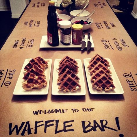 I love this Waffle Bar idea for a brunch party! It's so simple to do, and who doesn't like a good home-cooked breakfast with a "build your own" touch? If you don't have a waffle maker, you can just make pancakes instead. It could also be fun for breakfast after a sleepover. Birthday Breakfast Party, Diy Wedding Food, Wedding Food Stations, Waffle Bar, Breakfast Party, Birthday Breakfast, Food Stations, Birthday Brunch, Christmas Brunch