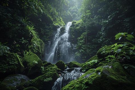 Solitary Waterfall with MossCovered Rocks in a Lush Green Forest nature background and Nature Seasonal Backgrounds, Waterfall Background, Lush Green Forest, Landscape Layout, Background Landscape, Forest Background, Nature Background, Waterfall Photography, Forest Nature