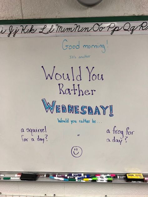 What a fun morning message for the classroom! Would you rather Wednesdays! #goodmorning Wednesday Ideas, Whiteboard Prompts, Whiteboard Messages, Substitute Teaching, Responsive Classroom, Elementary Classroom Decor, Teacher Boards, Middle School Classroom, Classroom Community