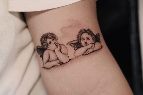 The Two Cherubs Tattoo, Two Cherubs Tattoo, Cherubs Tattoo, Raphael Paintings, Small Dope Tattoos, Cherub Tattoo, Father Tattoos, Devil Tattoo, Vine Tattoos