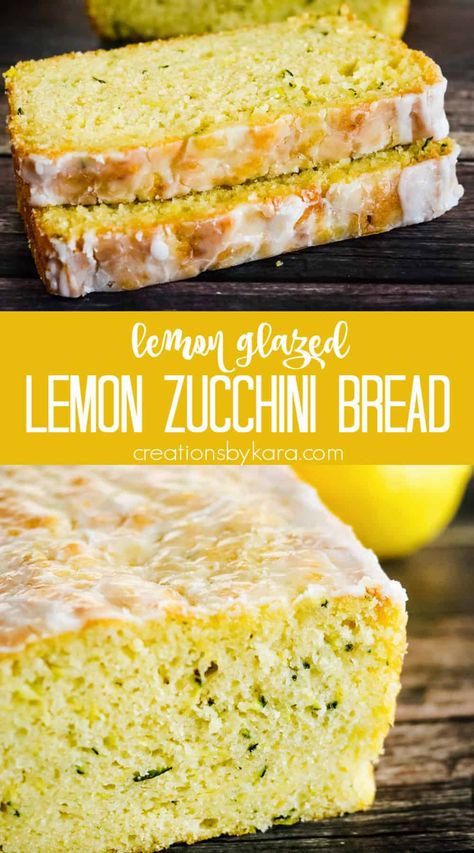 Glazed Lemon Zucchini Bread - This sweet & tangy zucchini bread is one of the tastiest quick breads you will ever try! The simple glaze takes it over the top. You can enjoy it any time of day! #lemonzucchinibread #lemonglaze #zucchinibread #lemonbread #quickbread #zucchinirecipe -from Creations by Kara Best Zucchini Recipes Bread, Extra Moist Zucchini Bread, Zucchini Yeast Bread, Chocolate Chip Zucchini Bread Recipes Moist Easy, Lemon Raspberry Zucchini Bread, Easy Zucchini Bread Recipes Quick, Lemon Zucchini Heaven Bread, Zucchini Bread Recipe Easy, How To Freeze Zucchini Bread