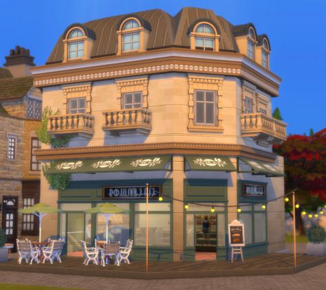 BIRTHDAY RELEASE - HOME BOULANGERIE / BAKERY | Arnie on Patreon Minecraft Town Ideas, Sims 4 Restaurant, Minecraft Town, Minecraft City Buildings, Bakery Interior, Town Ideas, Sims 4 House Building, Casas The Sims 4, Sims House Plans