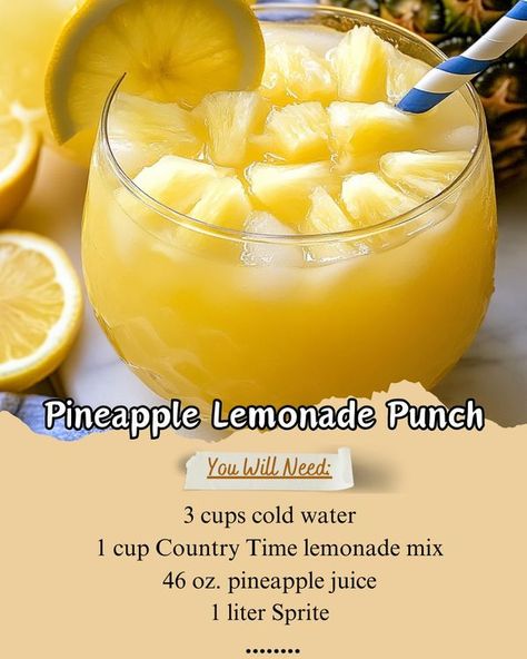 Sprite Recipe, Pineapple Lemonade Punch, Lemonade Punch Recipe, Country Time Lemonade, Drink For Summer, Lemonade Punch, Pineapple Lemonade, Cocktail Drinks Alcoholic, Drink Recipes Nonalcoholic