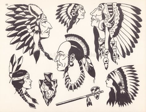 Sailor Mosko Production - 48 Native American Tattoo Flash, Traditional Indian Tattoo, American Tattoo Flash, Indian Chief Tattoo, Traditional Tattoo Black And White, 2 Tattoo, Vintage Tattoo Design, Native American Tattoo, Native American Tattoos