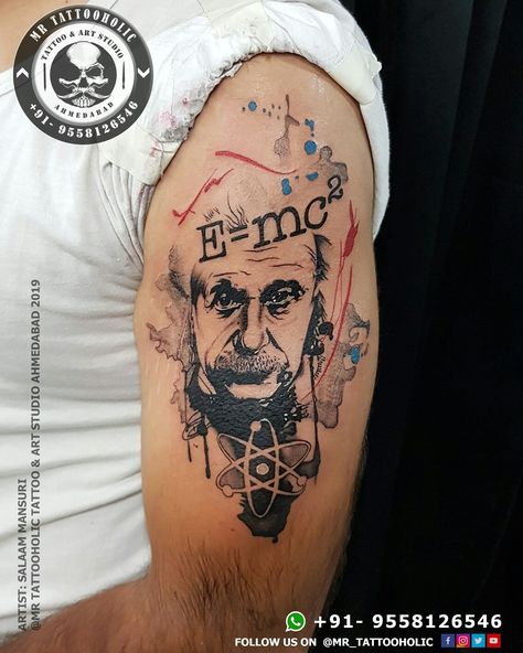 @mr_tattooholic  Appointment Call on Whats app or contact 📲 +91- 9558126546 _________________ #alberteinstein #alberteinsteintattoos #einsteintattoos #tattooalbert #Einsteinpoitrait #tattoos #Einsteinfacetattoo #e=mc2 #e=mc2tattoo #abstractart #abstracttattoos #biceptattoo #forearmtattoo #colorfulltattoo #tattoodesign #tattoolover #tattooart #tattoostudio #tattooidea #cooltattooforboys #tattoodesignformen #instatattoo #tiktok #tiktoktattoo #inked #ink #art #mrtattooholictattoostudio #mrtattooho Atom Structure, Lettering Tattoo Design, Atom Tattoo, Splash Watercolor, Science Tattoos, L Tattoo, C Tattoo, Lettering Tattoo, Bicep Tattoo