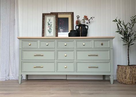 I just realized I never posted pictures of this beautiful dresser I finished a while ago! This colour is an absolute favourite of mine- such a light, soft and serene shade of sage ish green without much grey tones. Paired with a lighter toned top and modern handles, I love how it turned out! Paint- Bellwood @fusionmineralpaint Hardware- @amazonca Polewrap- Home Depot Online @homedepotcanada •NOT AVAILABLE • If you wish to purchase something like this, plsend us a message. I have a dress... Sage Green Dresser, Green Dresser, Beautiful Dresser, I Just Realized, Grey Tones, Sage Green, Home Depot, Not Available, Dresser