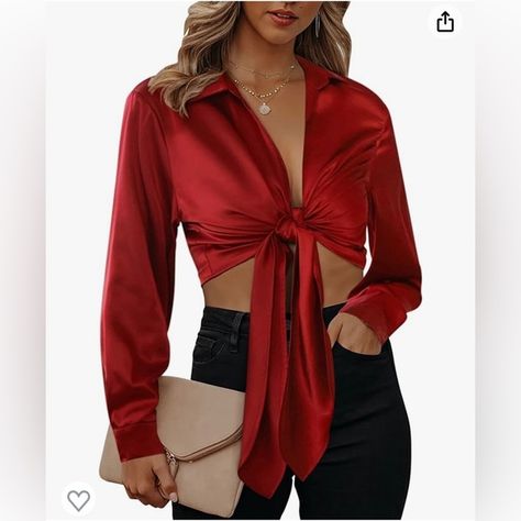 Chigant Satin Blouses for Women Sexy Long Sleeve Silk Shirts Tie Front Deep V Satin Tops, Short Leather Skirts, Silk Crop Top, Knotted Blouse, Casual Blouses, Silk Shirts, Fitted Tunic, Wrap Crop Tops, Front Tie Shirt