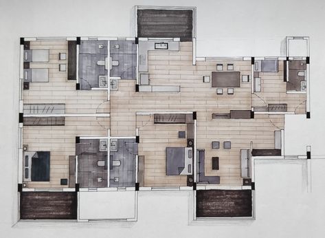 Rendered Floor Plan Alcohol Markers, Rendered Plan, Rendered Floor Plan, Rendering Techniques, Interior Architecture Drawing, Office Plan, Interior Design Your Home, House Floor Design, Architecture Drawing Art