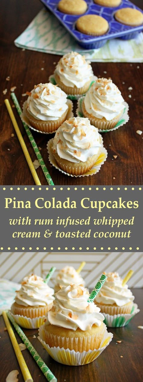 Pina Colada Rum Cake, Pina Colada Whipped Cream, Rum Cupcakes Easy, Tropical Cupcakes Recipes, Rum Cupcakes Recipe Alcohol, Butter Rum Cupcakes, Infused Cupcakes Recipes, Coconut Rum Cupcakes, Pina Colada Cupcakes With Rum