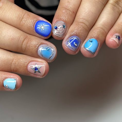 These kinda sets are so fun to do 💙 Inspo from @dais_does_nails . . . #bluenails #chromenails #bristolbiab #bristolnailart #bristolnailartist #summernails #nailinspo Blue Nails Art, Short Nail Funky Designs, Short Gel Nail Designs, Short Nail Art, Short Fun Nails, Funky Short Nails, Fun Short Nails, Short Funky Nails, Trippy Nail Art Short