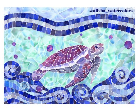 Watercolor Mosaic Painting, Paper Mosaic Art Ideas, Pixelated Painting, Ocean Life Painting, Mosaic Sea Life, Mozaik Art, Turtle Mosaic, Watercolor Mosaic, Colorful Sea Turtle