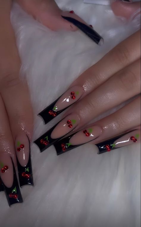 Cherry Nails With Rhinestones, Rosary Aesthetic Outfit, Red Extra Acrylic Nails, Black French Tips With Cherries, Cherry Inspo Nails, Cherry Nails Long, Black And Cherry Nails, Red And Black Aesthetic Nails, Nails Acrylic Square French Tip