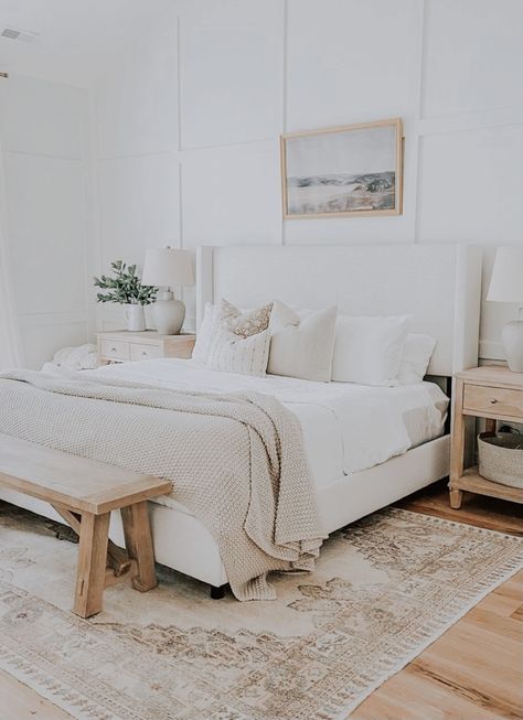 Light Airy Master Bed, White Bed Styling, Hamptons House Interior Master Bedrooms, Neutral Bed Frame, Coastal Hamptons Bedroom, Hamptons Bedroom Master Suite, Neutral Bedroom Beds & Bed Frames, Master Coastal Bedroom, Jade Bedroom