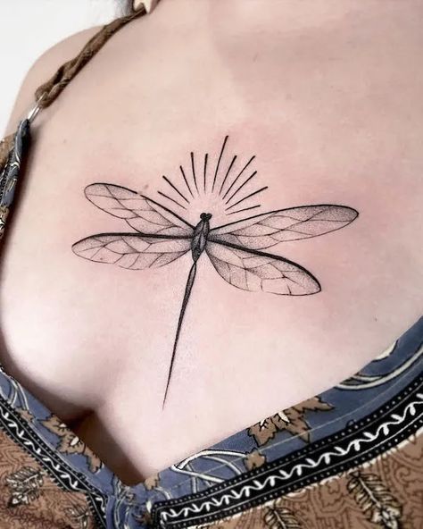 Dragonfly With Angel Wings Tattoo, Dragonfly Tattoo Xray, Vintage Dragonfly Tattoo, Dragonfly Tattoo On Chest, Dragonfly Sun Tattoo, Dragonfly And Sun Tattoo, Dragonfly Design Drawing, Dragonfly Throat Tattoo, Dragon Fly Tattoo Sternum