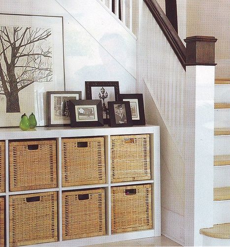 Great post on different ways to use Ikea Expedits shelving units.  Stacked high, made into benches, laundry room, toy room, dining room, etc. Ikea Expedit, Under The Stairs, White Cabinet, Toy Rooms, Ikea Hacks, Ikea Hack, Wicker Baskets, Feng Shui, Home Renovation