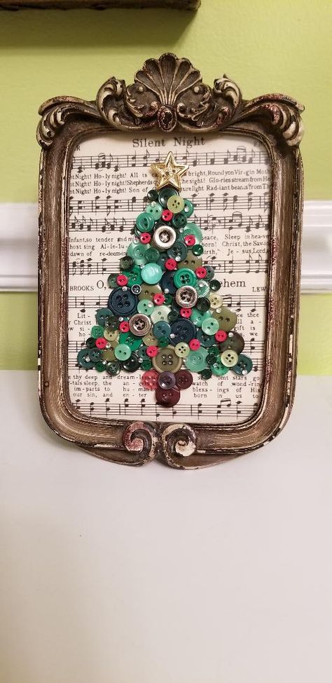 Button Wreath On Canvas, Button Wreath Ornament, Christmas Tree Made Out Of Buttons, Snowflake Button Art, Framed Button Art, Button Crafts To Sell Diy Ideas, Button Xmas Trees, Pictures Made With Buttons, Button Art Christmas Tree