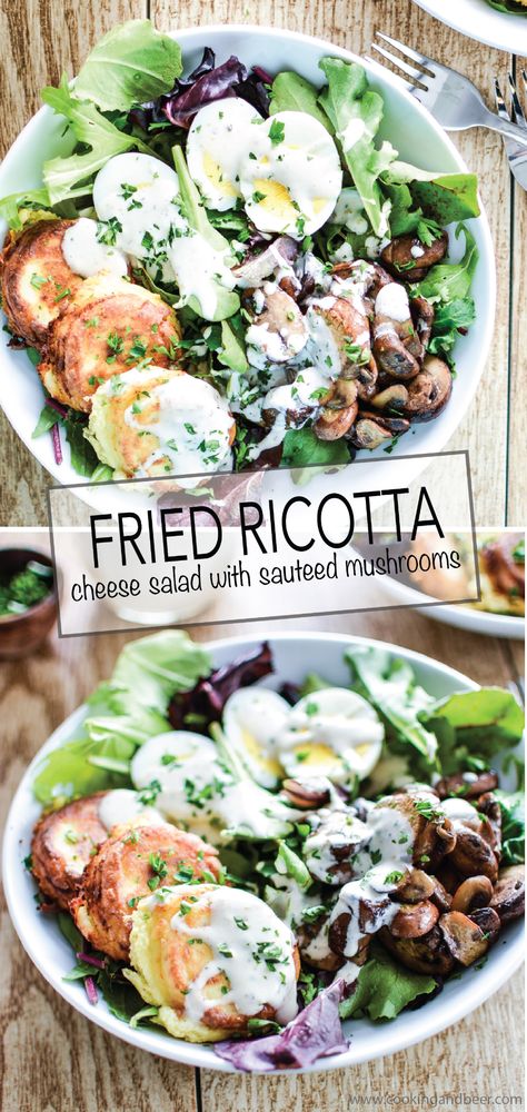 Fried Ricotta Cheese Salad with Sautéed MushroomsCooking and Beer Salads With Mushrooms Healthy, Fried Ricotta, Veggie Entrees, Salad Taco, Salad Macaroni, Salad Kale, Sautéed Mushrooms, Panko Crumbs, Salad Pasta