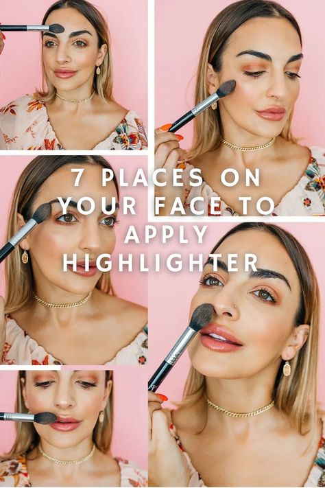 applying makeup with brush Where To Put Highlighter On Your Face, Where Does Highlighter Go On Face, Where To Place Highlighter On Face, Where To Apply Highlighter On Face, How To Apply Highlighter, Where To Put Highlighter, Highlighter Tutorial, Highlighter Application, Where To Apply Highlighter