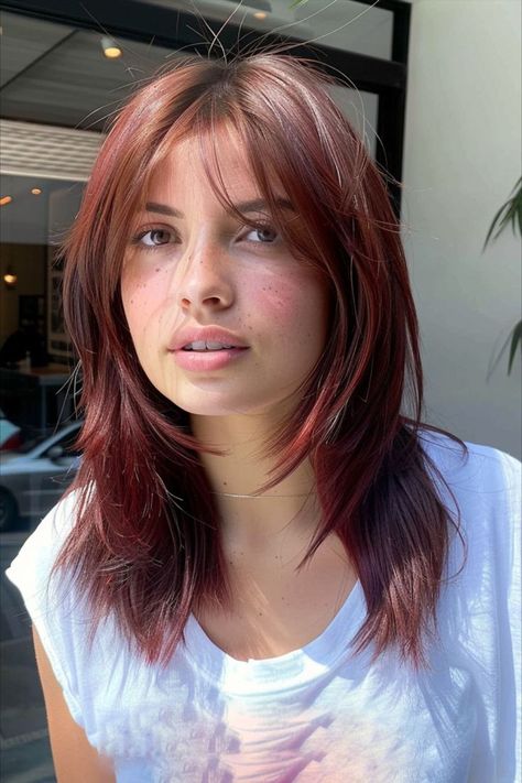 Woman with a shoulder-length fox cut featuring auburn tones and subtle highlights Layered Haircuts Straight, Shoulder Length Straight Hair, Shoulder Haircut, Pin Straight Hair, How To Have Style, Straight Layered Hair, Layered Hair With Bangs, Straight Hair Cuts, Medium Layered Hair