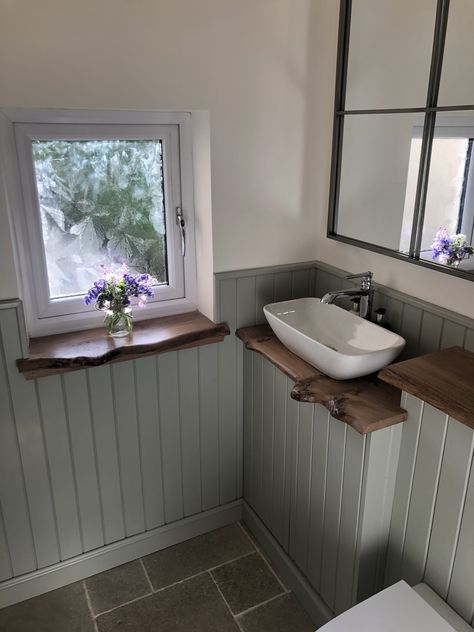 Cloakroom Wood Panelling, Green Bathroom Panelling Ideas, Bathroom Wood Paneling And Tiles, Small Cottage Shower Room, Toilet Tongue And Groove Panelling, Sage Green Panelled Bathroom, Small Wood Panel Bathroom, Cottage Downstairs Toilet, Sage Green Panelling Bathroom