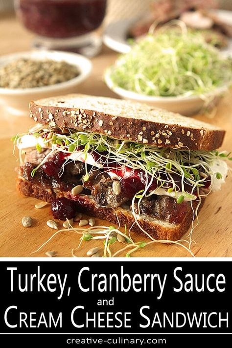 Sandwich With Sprouts, Cranberry Sauce Sandwich, Sprout Sandwich, Cream Cheese Sandwich, Fall Treats Recipes, Turkey Appetizers, Thanksgiving Sandwich, Cream Cheese Sandwiches, Cranberry Turkey