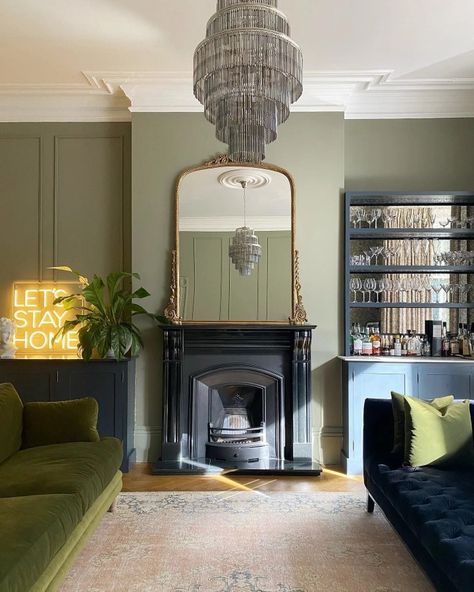 Farrow Ball Treron, Chimney Breast, Lets Stay Home, Farrow And Ball, Living Room Furniture Sofas, Chandelier Ceiling Lights, Front Room, Farrow Ball, Living Room Inspiration