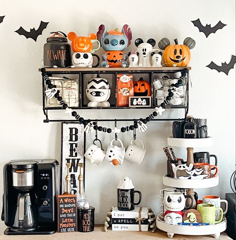 Disney Halloween Coffee Bar, Halloween Mickey Mouse Decorations, Nightmare Before Christmas Coffee Bar, Disney Coffee Bar Ideas, Disney Coffee Bar, Mickey Halloween Decorations, Mickey Home Decor, Spooky Coffee Bar, Disney Halloween Decor