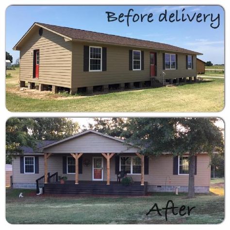 Small Front Deck Mobile Home, Double Wide Farmhouse Exterior, Double Wide Exterior Makeover Porch, Deck On Manufactured Home, Double Wide Trailer Porch Ideas, Front Porch For Double Wide, Concrete Porch On Mobile Home, Landscaping Around Manufactured Home, Mobile Home Color Schemes Interiors