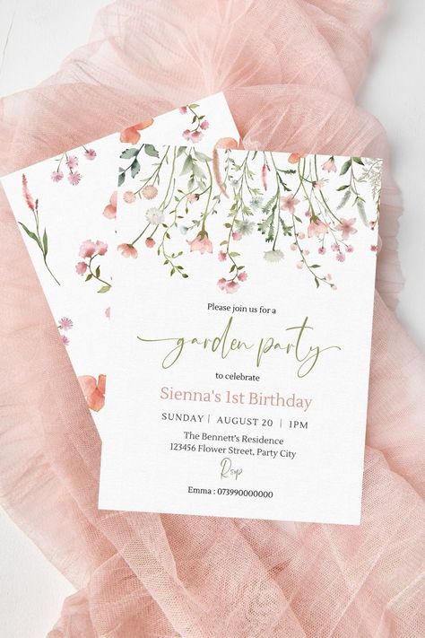 Spring Birthday Party: Garden Party – SeasonOverload Wildflower Birthday Party, Floral 1st Birthday, Wildflower Birthday, Spring Birthday Party, Garden Party Invitations, 1st Birthday Invite, Garden Party Theme, Floral Birthday Party, 1st Birthday Party Invitations