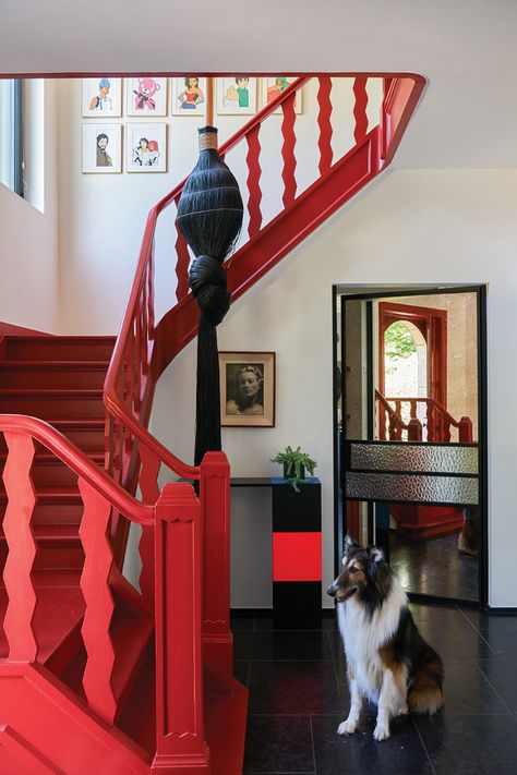 Colorful Banister, Funky Staircase, Colorful Staircase, Red Staircase, Frederic Magazine, Wide Oak Flooring, Painted Staircase, Painted Lanterns, Painted Staircases