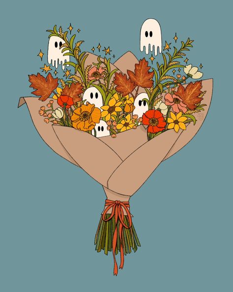 it's not a bouquet... it's a boo-quet! 👻🍁 inspired by all things fall; i hope you love this autumn bouquet as much as i do! 🧡 this piece is now in my shop just in time for spooky season! ♡☆ available as apparel, prints, stickers, totes, notebooks, and more! #autumn #autumnleaves #poppies #fall #flowers #bouquet #art #autumnart #drawing #newartist #art #mayfullycreations Autumn Flowers Drawing, Spooky Season Drawings, Autumn Season Drawing, Fall Drawing Ideas Autumn, Fall Flowers Aesthetic, Fall Flowers Bouquet, Bouquet Drawing, Flower Bouquet Drawing, Autumn Bouquet