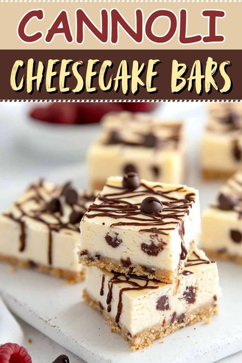 These creamy cannoli cheesecake bars combine two beloved desserts into a mouthwatering treat! They're perfect for parties, potlucks, and more. Desert Bars For A Crowd, Cannoli Cheesecake Bars, Dessert Potluck Ideas, Cannoli Bars, Crescent Cheesecake, Cheesecake Bars Recipes, Easy Potluck Ideas, Cannoli Desserts, Cannoli Cheesecake