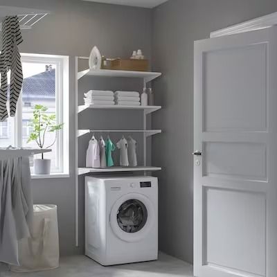 Shelving Units, Bookcases & Pantry Storage - IKEA Cellar Conversion, Ikea Laundry, Ikea Laundry Room, Office Revamp, Tiny Laundry, Home Laundry Room, Tiny Laundry Rooms, Laundry Cabinets, Open Wardrobe