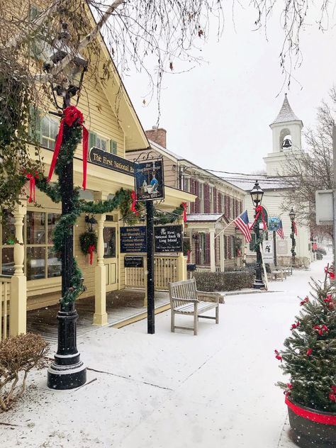 Small Town Snow Aesthetic, Snowy Small Town, New England Town Aesthetic, New England Aesthetic Winter, New England Christmas Aesthetic, New England Winter Aesthetic, Long Island Aesthetic, Small Town Winter, Winter New England