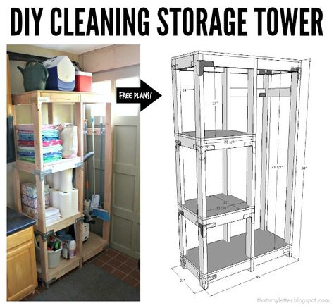 DIY Cleaning Storage Tower - Jaime Costiglio Cleaning Storage Closet, Diy Storage Tower, Storage Building Organization, Diy Shelving Unit, Diy Shelving, Stacking Storage, Cleaning Supply Storage, Garage Shelves, Utility Closet