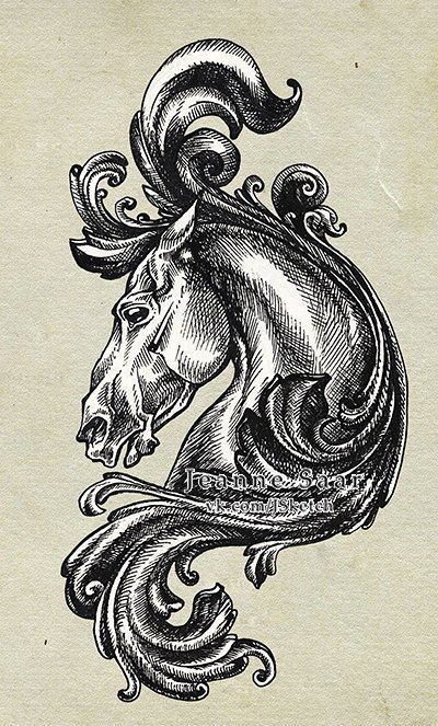 Antique Tattoo, Trippy Tattoo, Medieval Tattoo, Filigree Tattoo, Skull Sleeve, Ornament Drawing, Horse Tattoo, Engraving Art, Horse Drawings