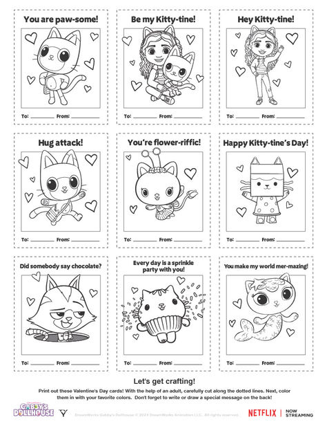 Are you ready to get crafting? 💌 Cut out and color in the cat-tastic Valentine's Day cards! Gabbys Dollhouse Coloring Pages, Gabby Dollhouse, Birthday Coloring Pages, Coloring Printables, Creative Kids Crafts, Valentines Day Coloring, Coloring Bookmarks, Cards Valentines, Preschool Arts And Crafts