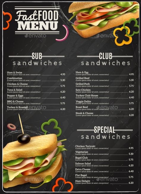 Fast Food Sandwiches Menu Advertisement Poster by macrovector Fast food cafe healthy options wholegrain wheat multigrain sandwiches blackboard menu realistic advertisement poster print vector Design Cibo, Menu Pizza, Sandwich Menu, Food Truck Menu, Cafe Menu Design, Menue Design, Sandwich Bar, Advertisement Poster, Pizza Menu