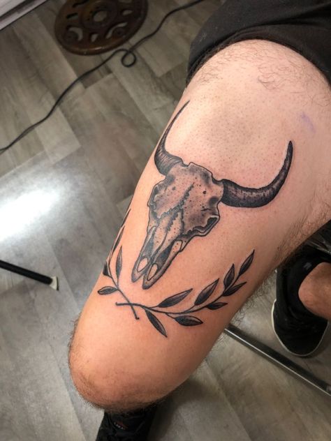 Country Man Tattoos, Bull Tattoo Leg, Men’s Country Tattoo Ideas, Bull With Crown Tattoo, Simple Country Tattoos Men, Western Chest Tattoo Men Ideas, Men Country Tattoos, Cow Skull Tattoo Men, Country Men Tattoos