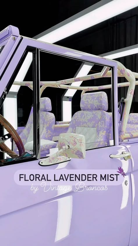 Floral Car Interior, Lavender Car Interior, Love Shack Fancy Bronco, Lavender Car Accessories, Pink Bronco, Pink Vintage Car, Lavender Car, Purple Truck, Cute Car Interior